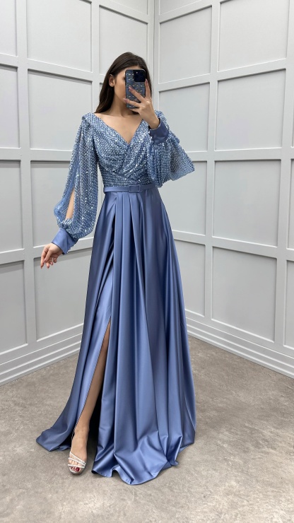BALLOON SLEEVE CHEST SEQUIN DESIGN SATIN EVENING DRESS