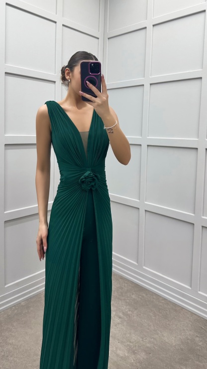 WAIST DETAIL PLEATED DESIGN EVENING DRESS JUMPSUIT