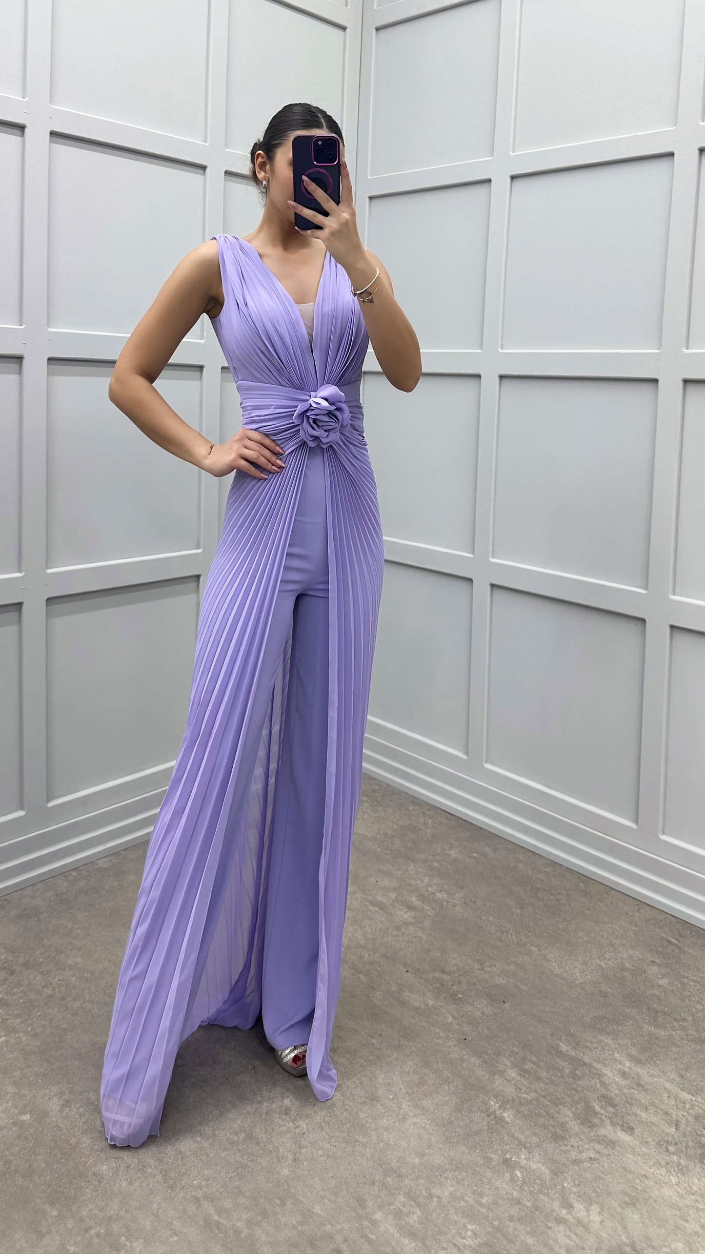WAIST DETAIL PLEATED DESIGN EVENING DRESS JUMPSUIT