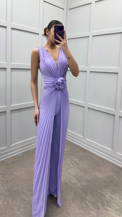 WAIST DETAIL PLEATED DESIGN EVENING DRESS JUMPSUIT
