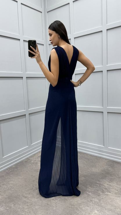 WAIST DETAIL PLEATED DESIGN EVENING DRESS JUMPSUIT