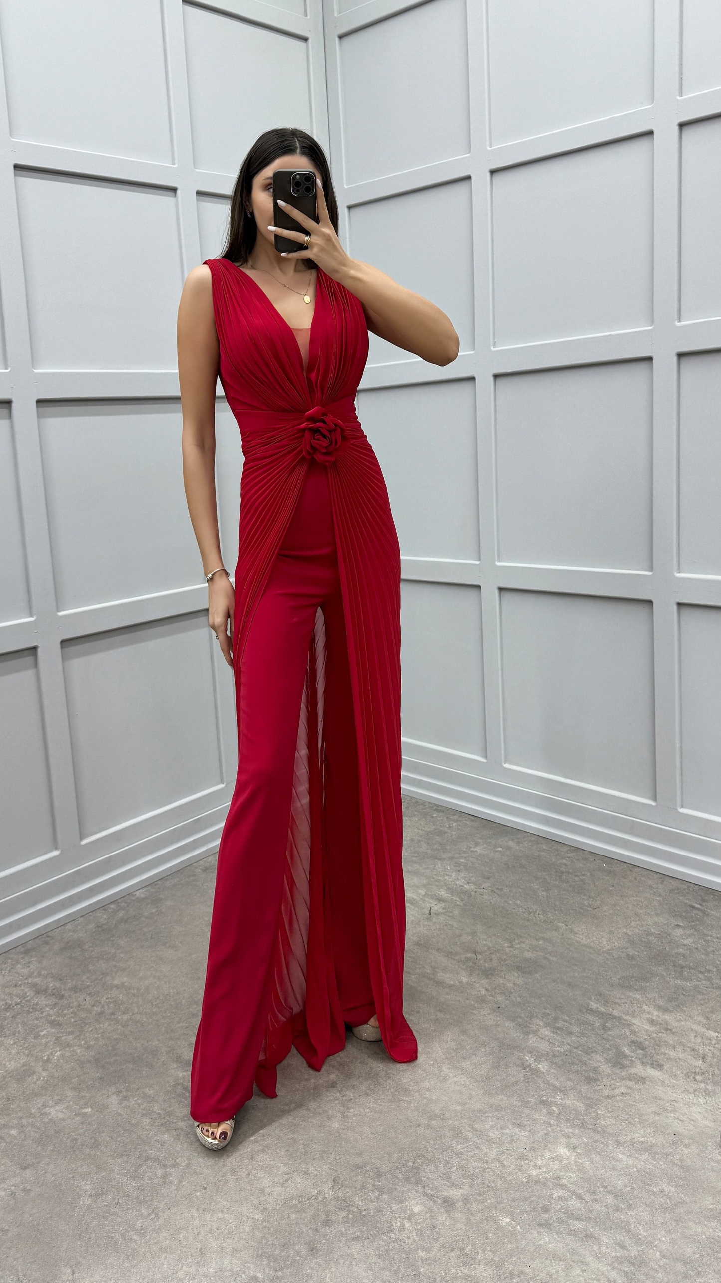 WAIST DETAIL PLEATED DESIGN EVENING DRESS JUMPSUIT