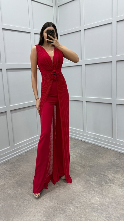 WAIST DETAIL PLEATED DESIGN EVENING DRESS JUMPSUIT