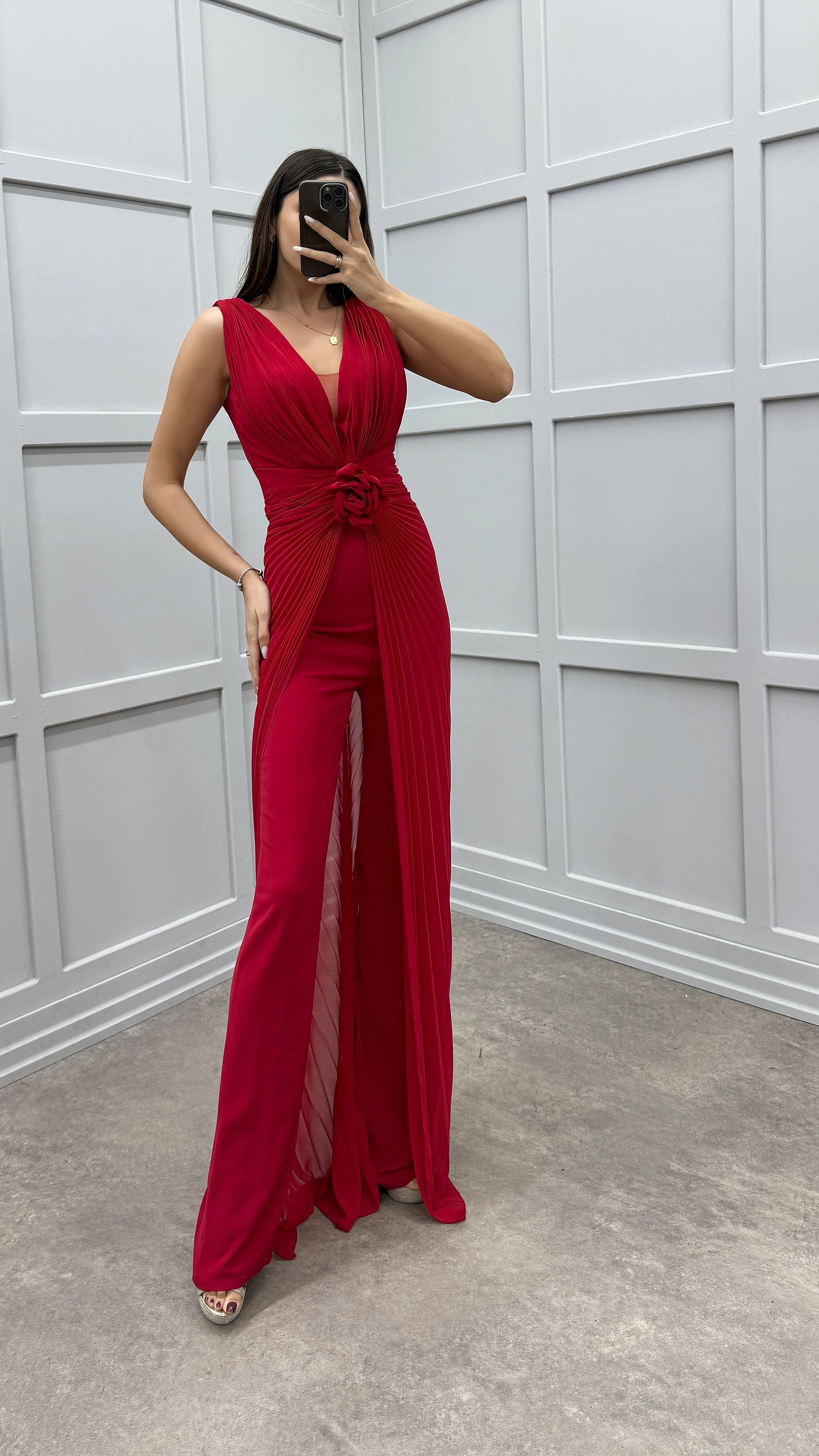 WAIST DETAIL PLEATED DESIGN EVENING DRESS JUMPSUIT