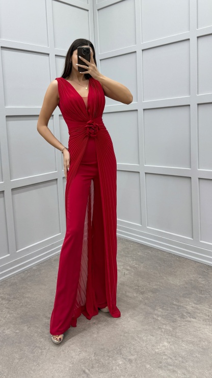 WAIST DETAIL PLEATED DESIGN EVENING DRESS JUMPSUIT
