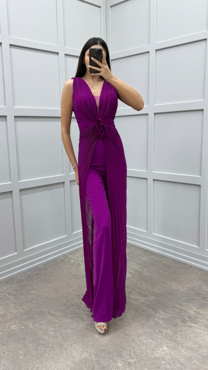 WAIST DETAIL PLEATED DESIGN EVENING DRESS JUMPSUIT