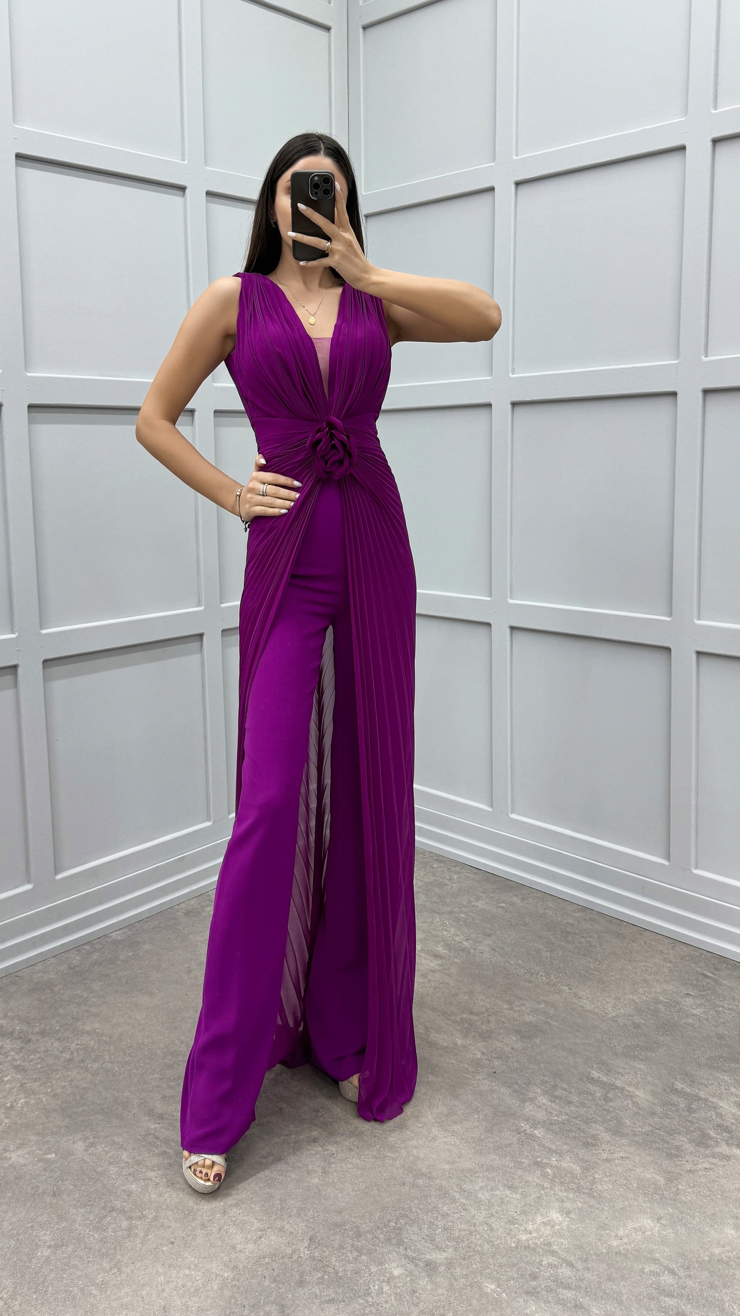 WAIST DETAIL PLEATED DESIGN EVENING DRESS JUMPSUIT