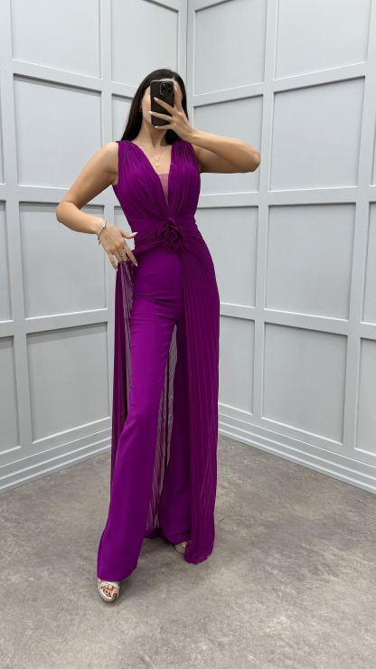 WAIST DETAIL PLEATED DESIGN EVENING DRESS JUMPSUIT