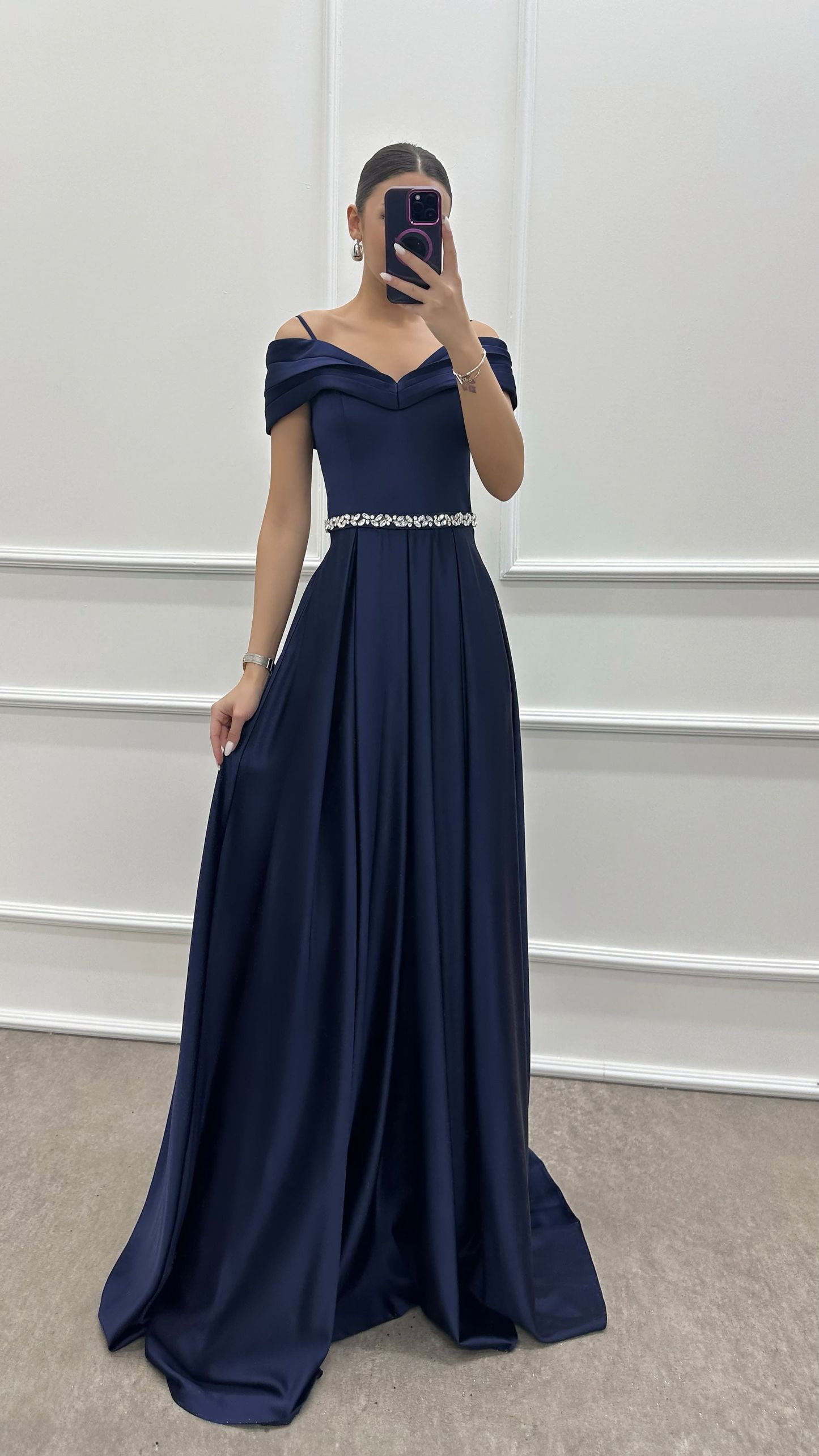 BLUE CHEST DETAIL WAIST STONE DESIGN SATIN EVENING DRESS