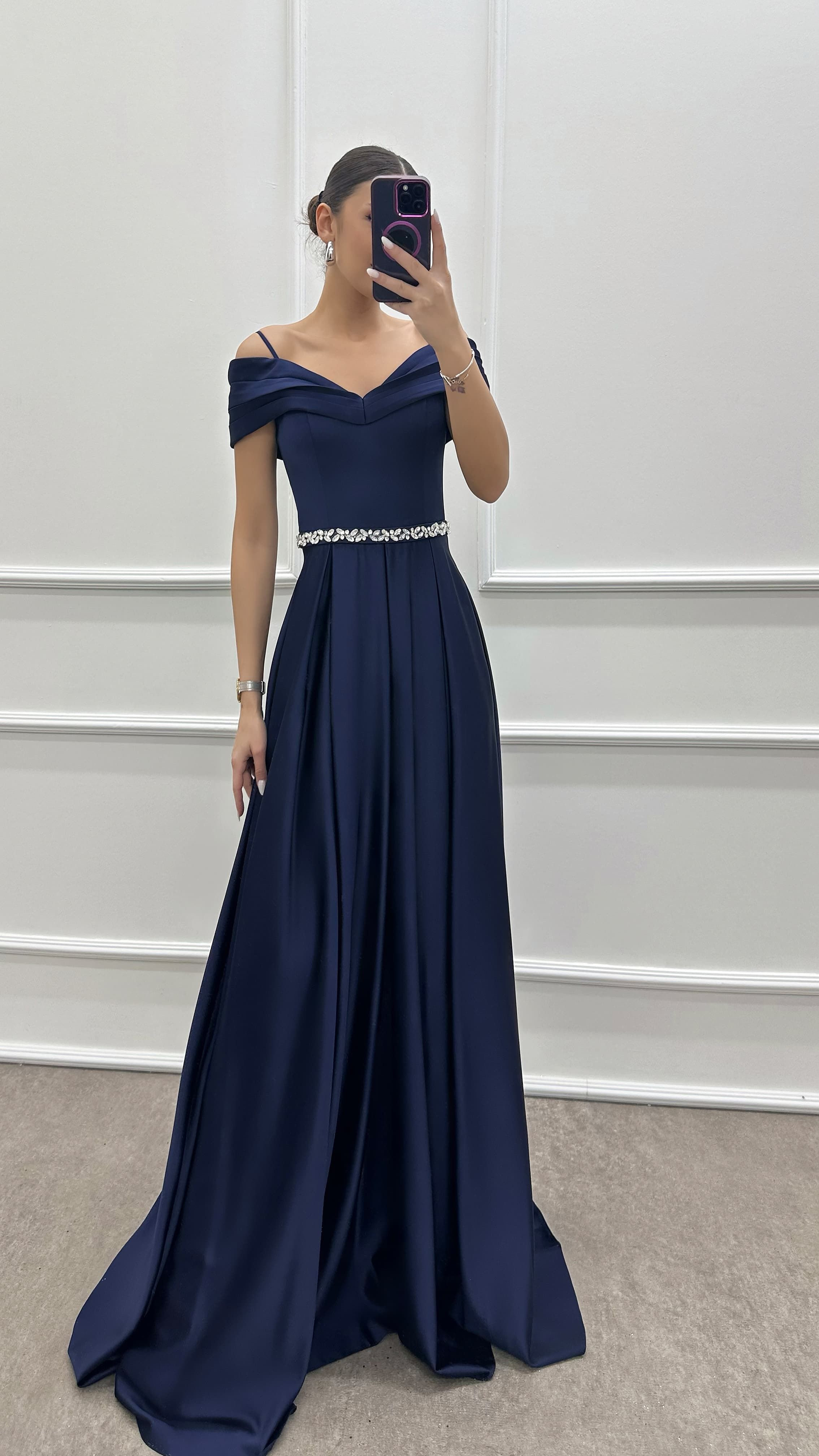 BLUE CHEST DETAIL WAIST STONE DESIGN SATIN EVENING DRESS
