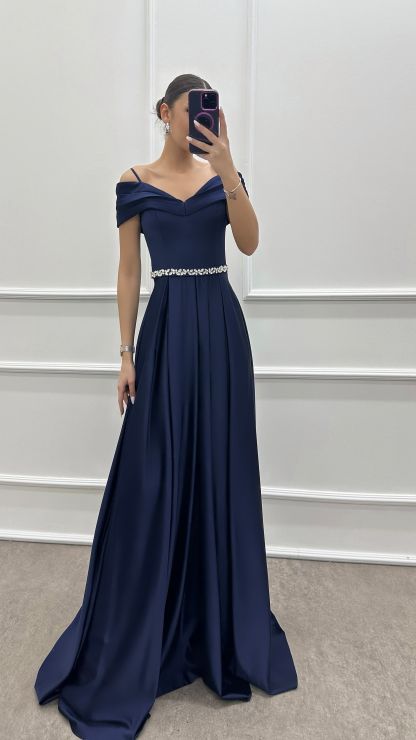 BLUE CHEST DETAIL WAIST STONE DESIGN SATIN EVENING DRESS