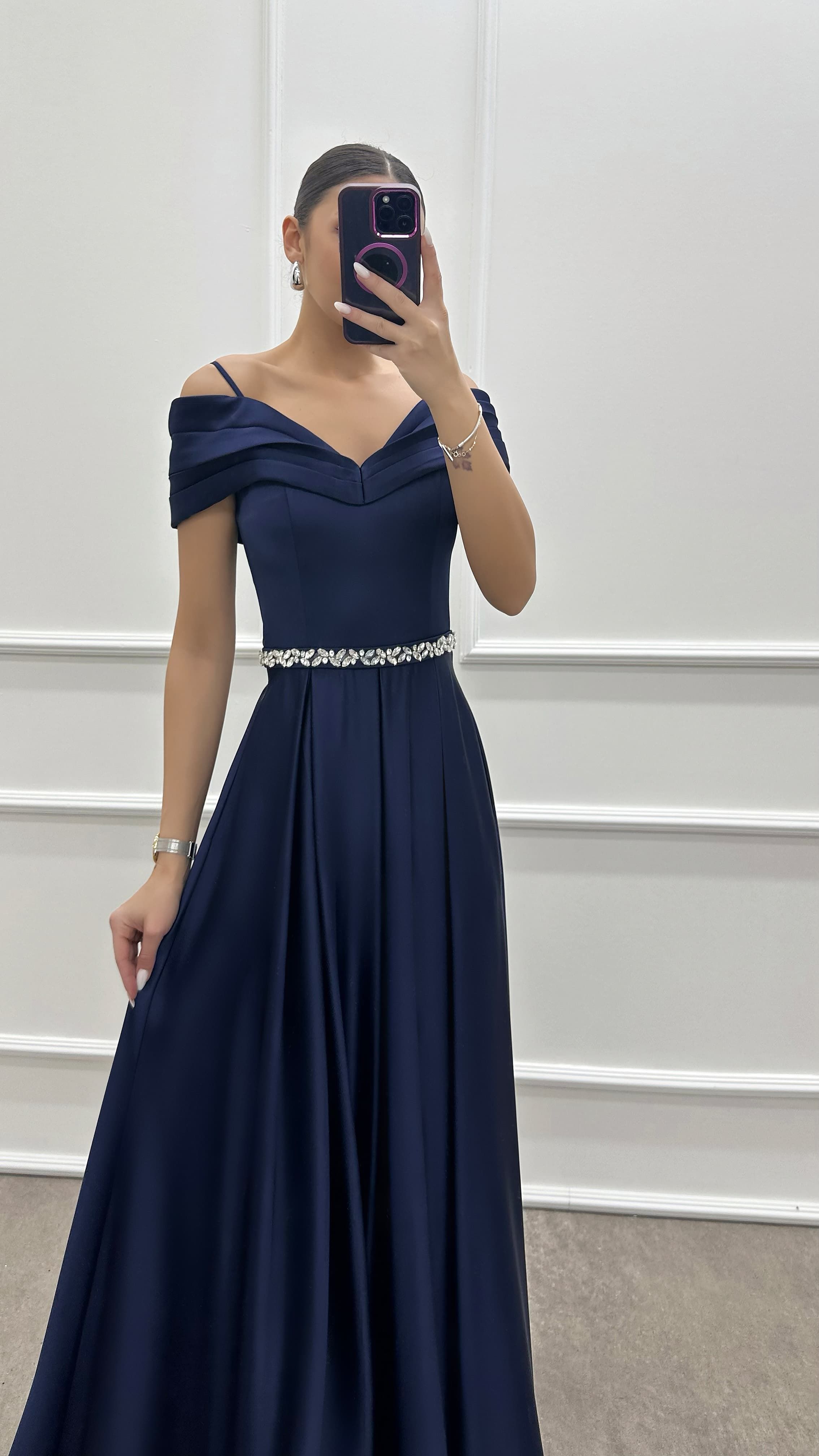 BLUE CHEST DETAIL WAIST STONE DESIGN SATIN EVENING DRESS