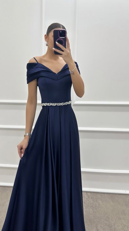 BLUE CHEST DETAIL WAIST STONE DESIGN SATIN EVENING DRESS