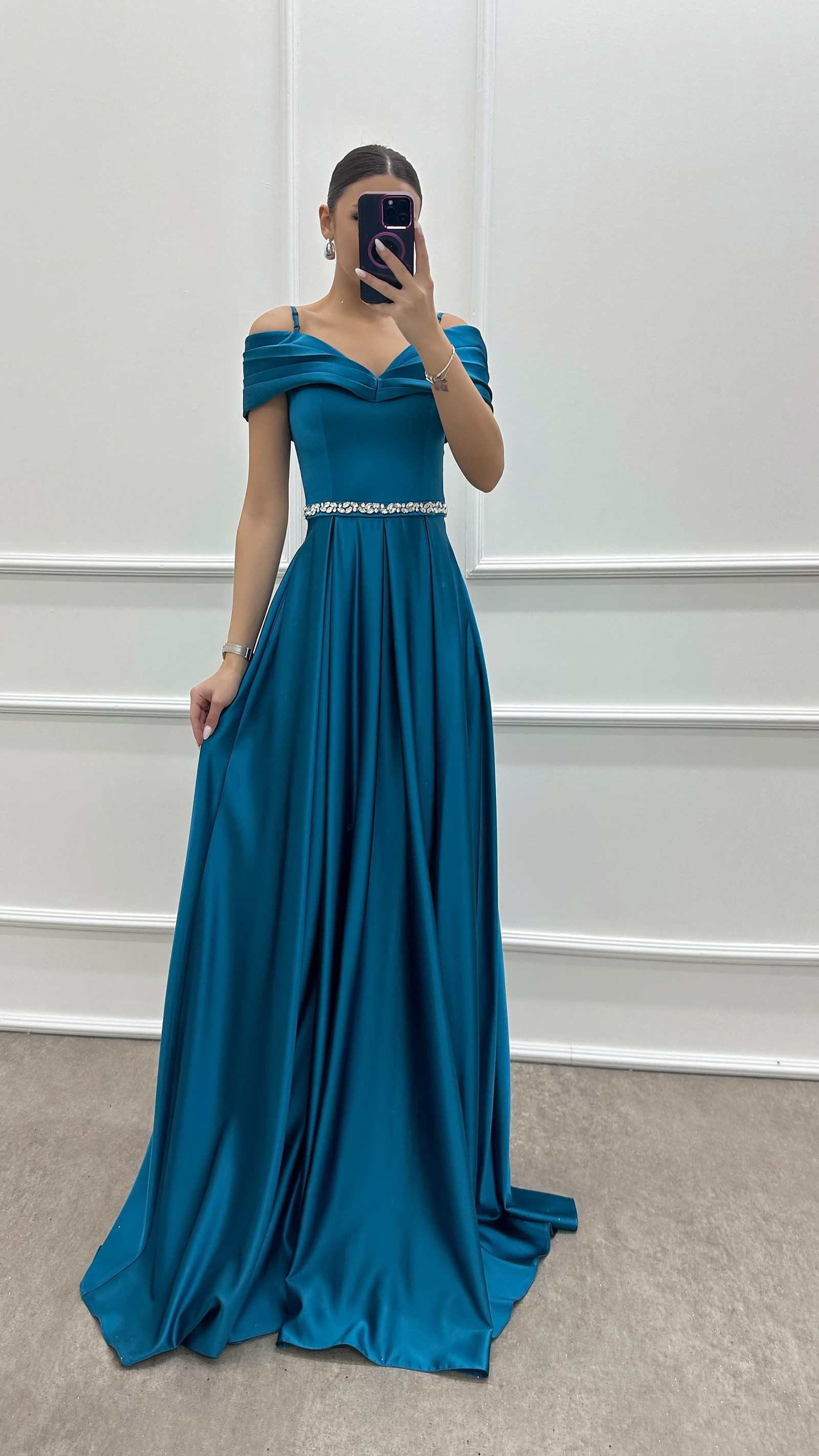 BLUE CHEST DETAIL WAIST STONE DESIGN SATIN EVENING DRESS