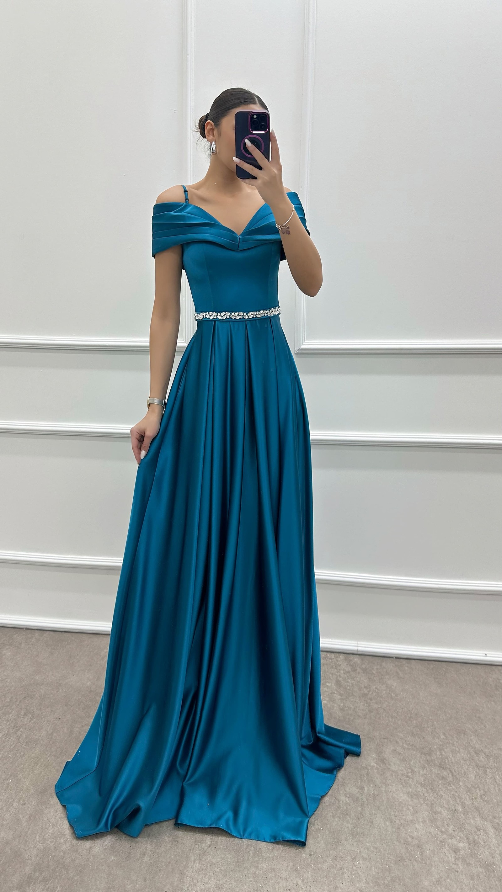 BLUE CHEST DETAIL WAIST STONE DESIGN SATIN EVENING DRESS
