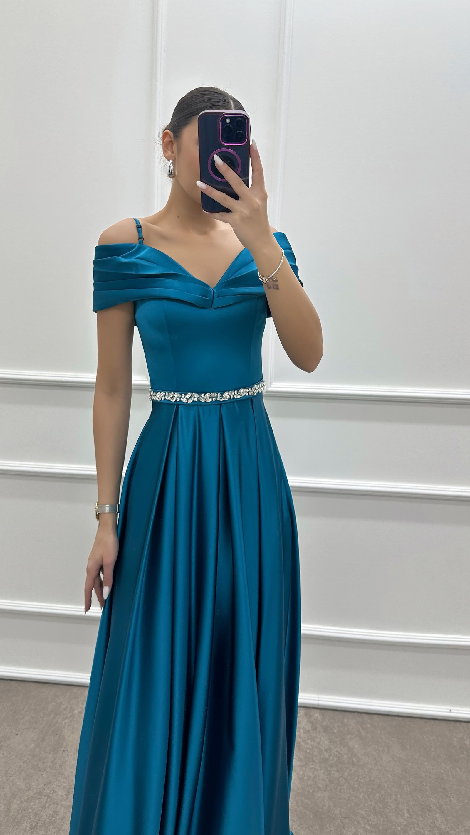 BLUE CHEST DETAIL WAIST STONE DESIGN SATIN EVENING DRESS