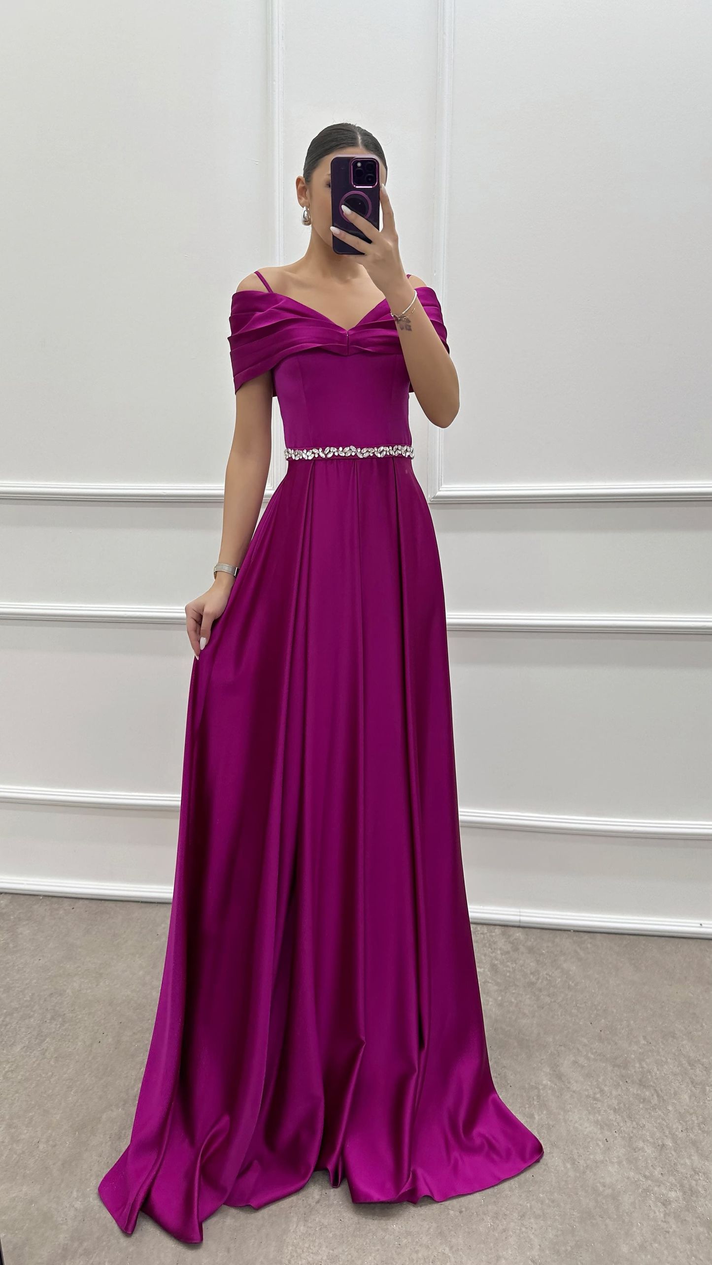 BLUE CHEST DETAIL WAIST STONE DESIGN SATIN EVENING DRESS