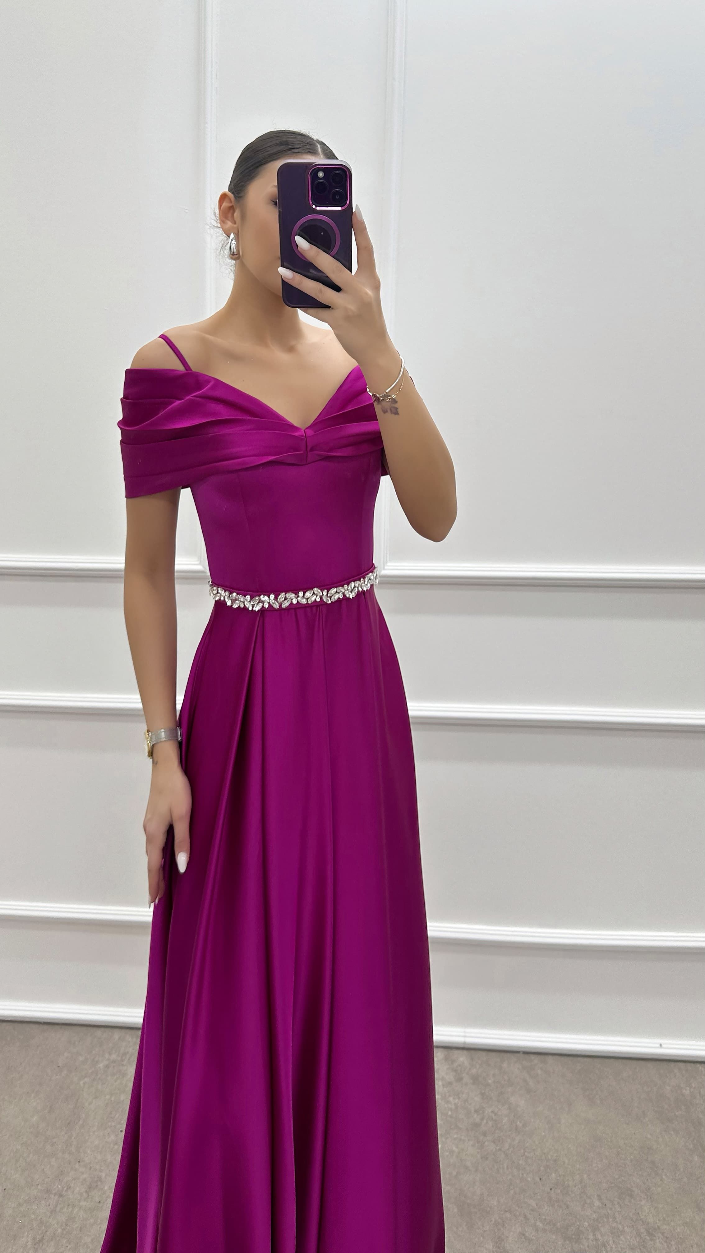 BLUE CHEST DETAIL WAIST STONE DESIGN SATIN EVENING DRESS