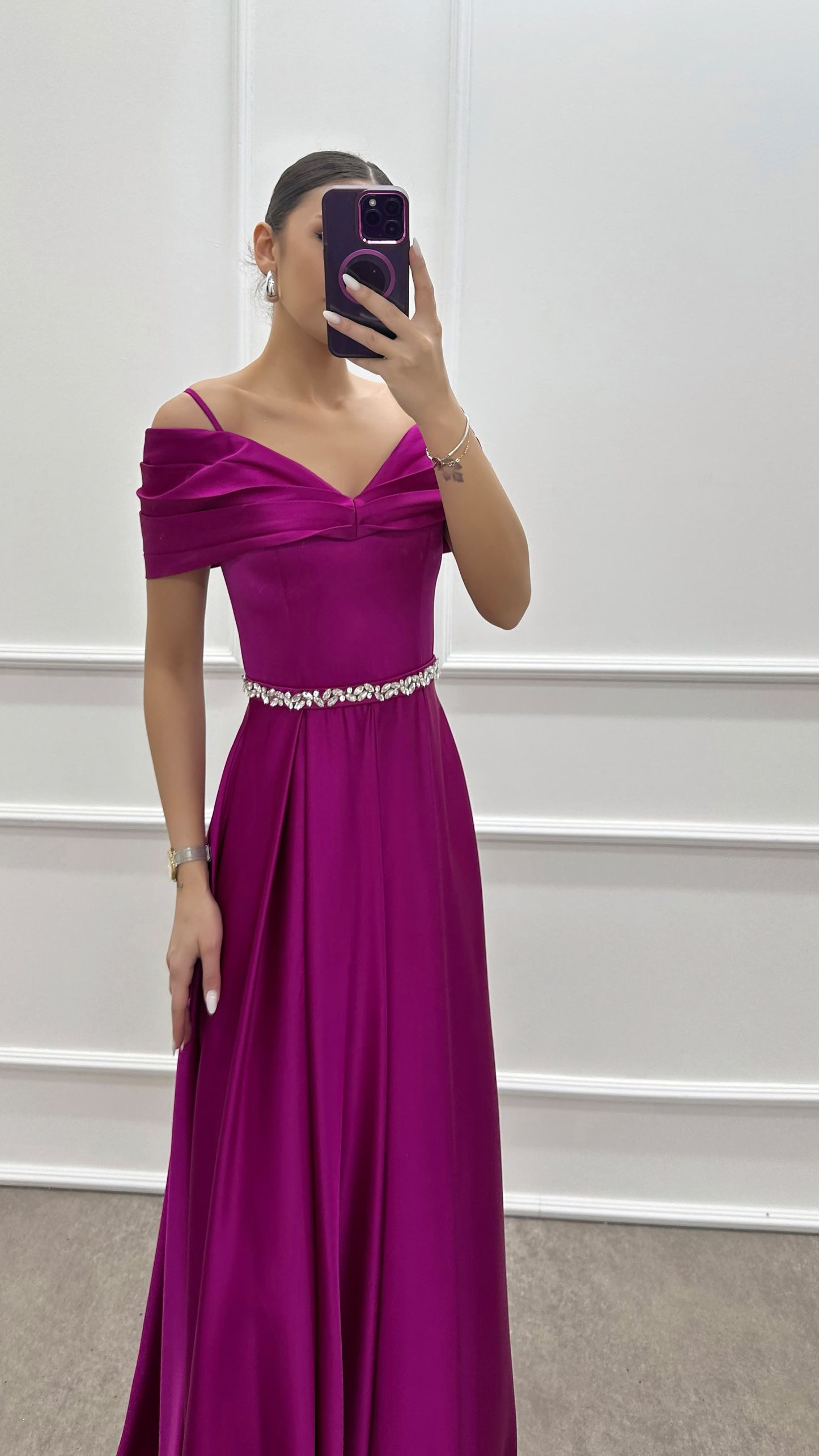 BLUE CHEST DETAIL WAIST STONE DESIGN SATIN EVENING DRESS