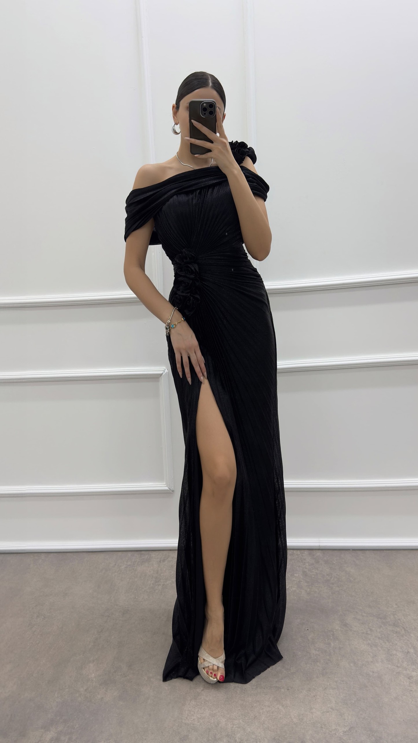 ONE SHOULDER ROSE DETAIL EVENING DRESS