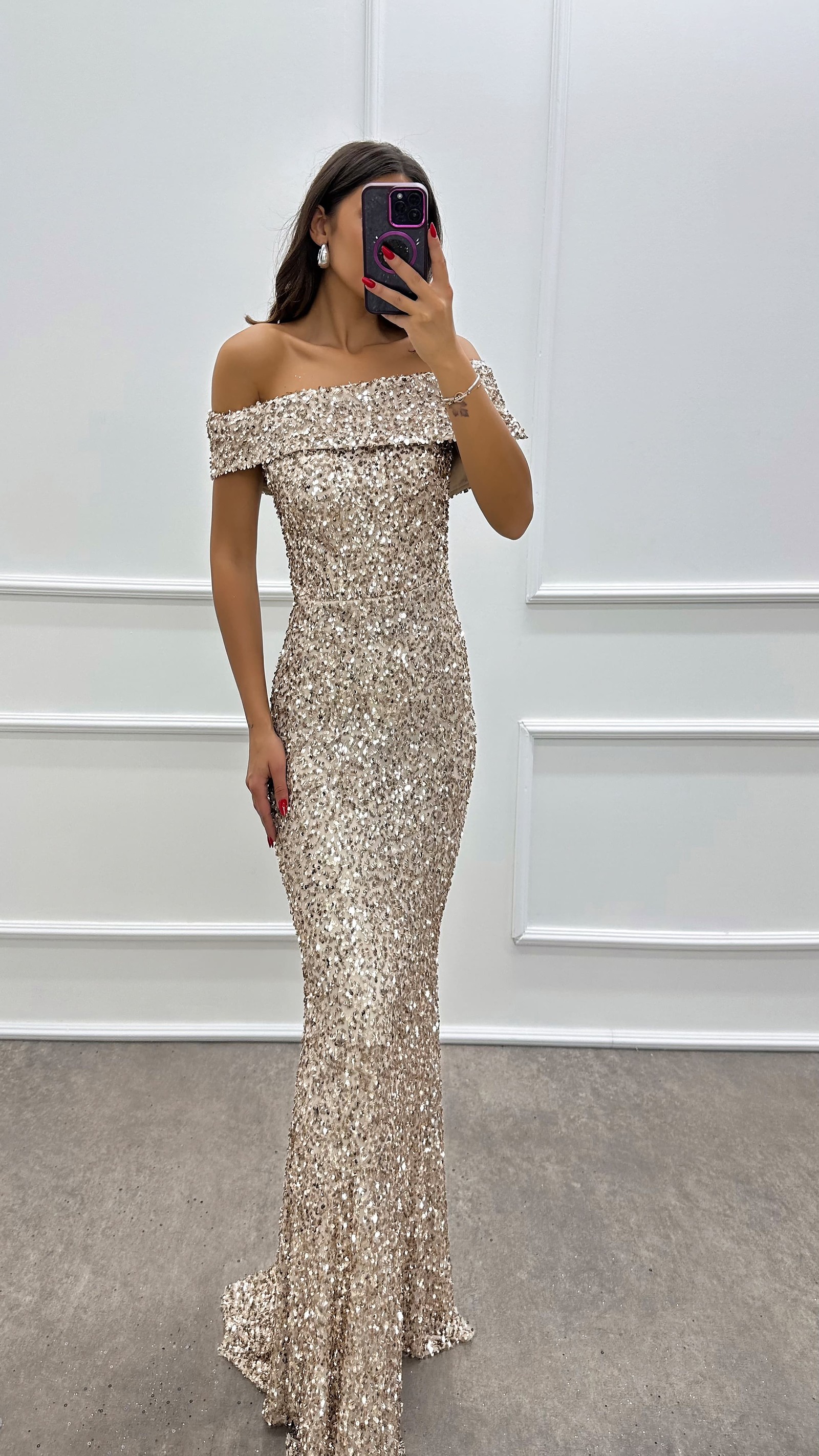 BEIGE MADONNA COLLAR SEQUIN DESIGN DRESS