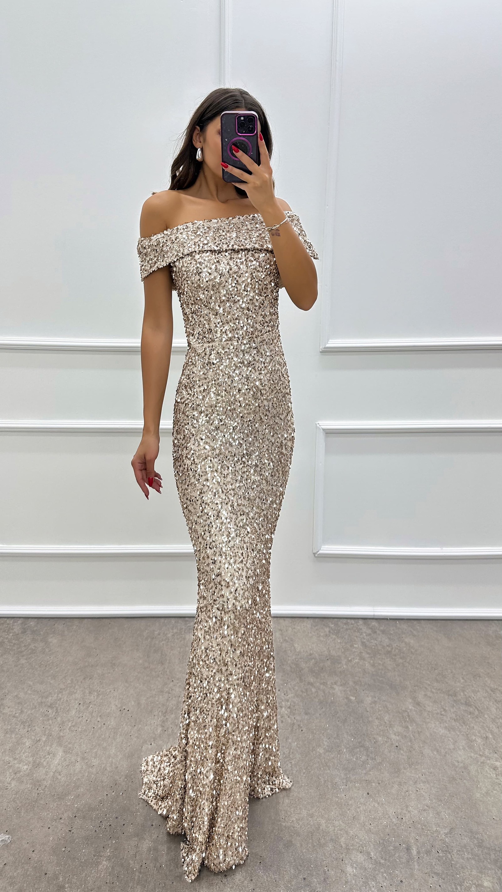 BEIGE MADONNA COLLAR SEQUIN DESIGN DRESS