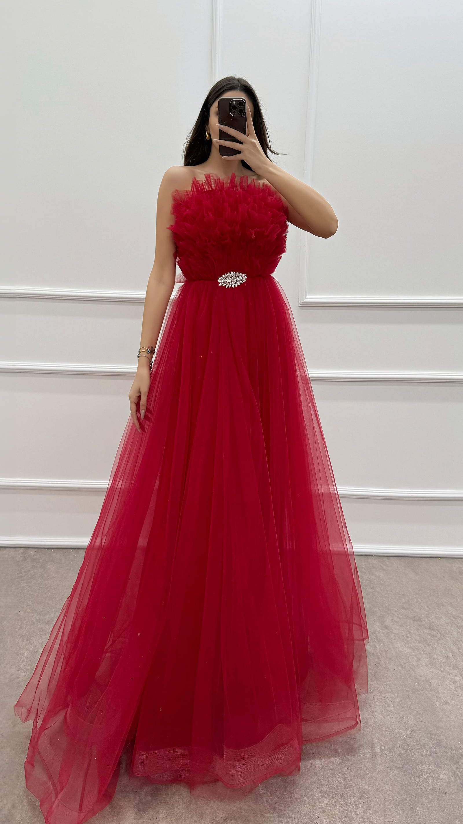 YELLOW STRAPLESS CHEST DETAIL BROOCH TULLE DRESS