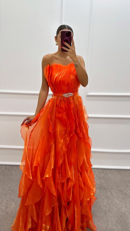 ORANGE STRAPLESS FLYWHEEL DETAIL BELTED EVENING DRESS