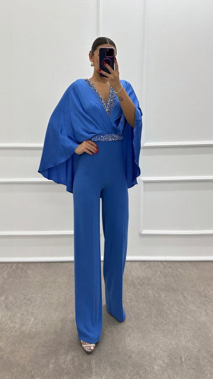 INDIGO DOUBLE-BREASTED COLLAR CAPE STONE JUMPSUIT