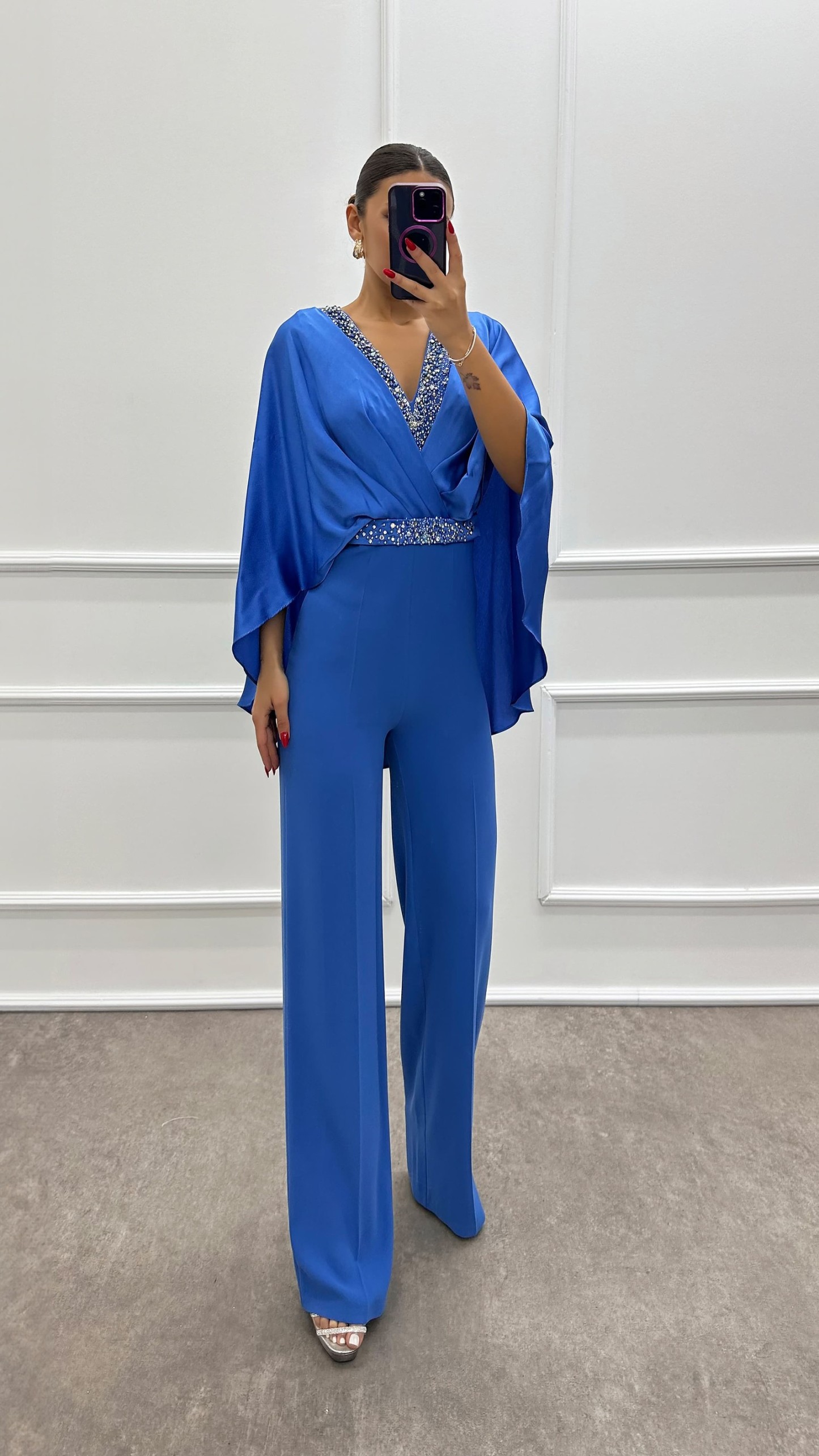 INDIGO DOUBLE-BREASTED COLLAR CAPE STONE JUMPSUIT