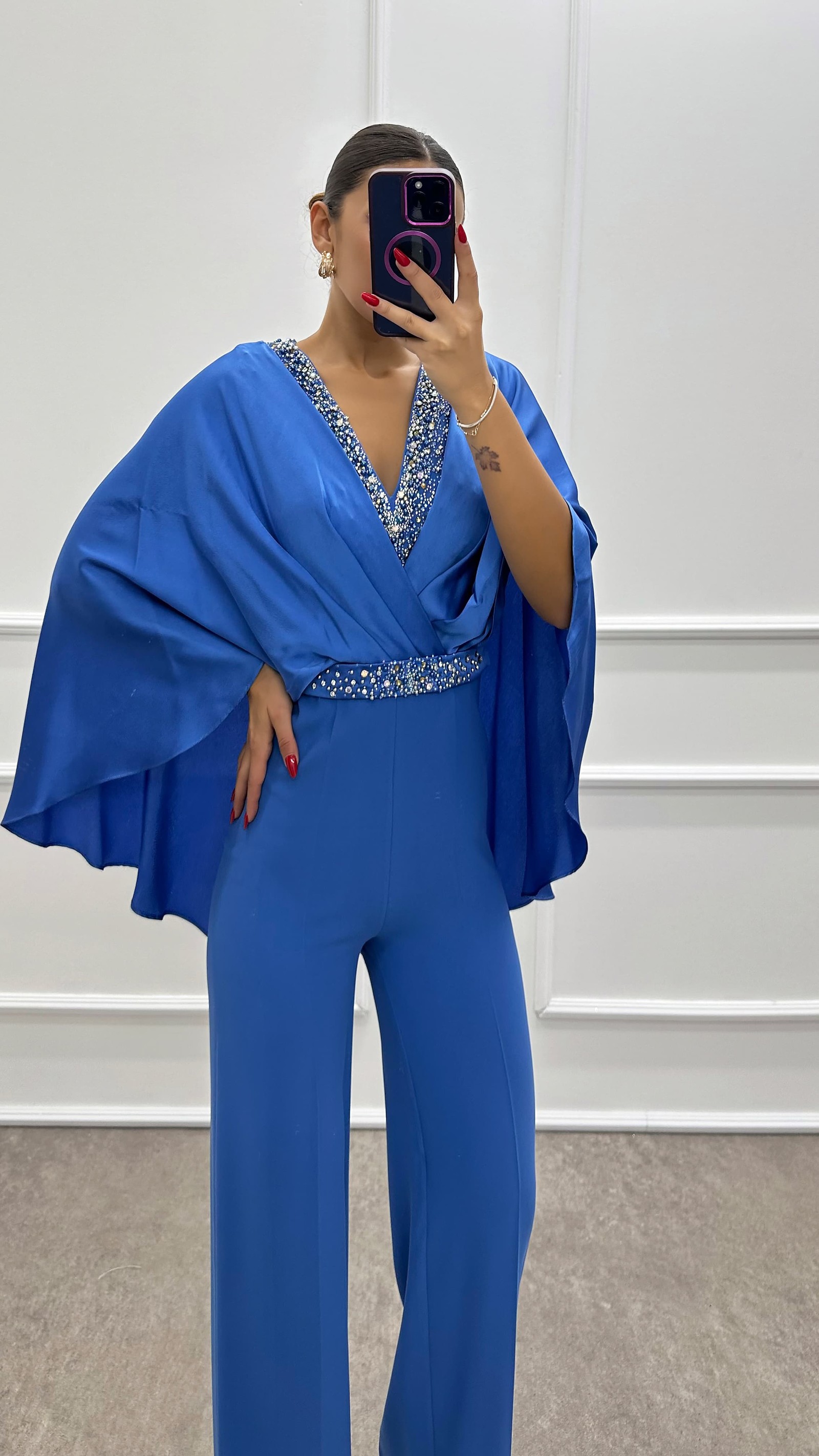 INDIGO DOUBLE-BREASTED COLLAR CAPE STONE JUMPSUIT