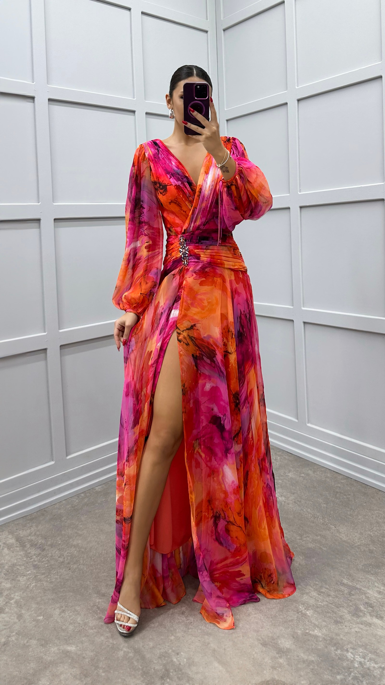 ORANGE BALLOON SLEEVE WAIST DETAIL PATTERNED CHIFFON DRESS