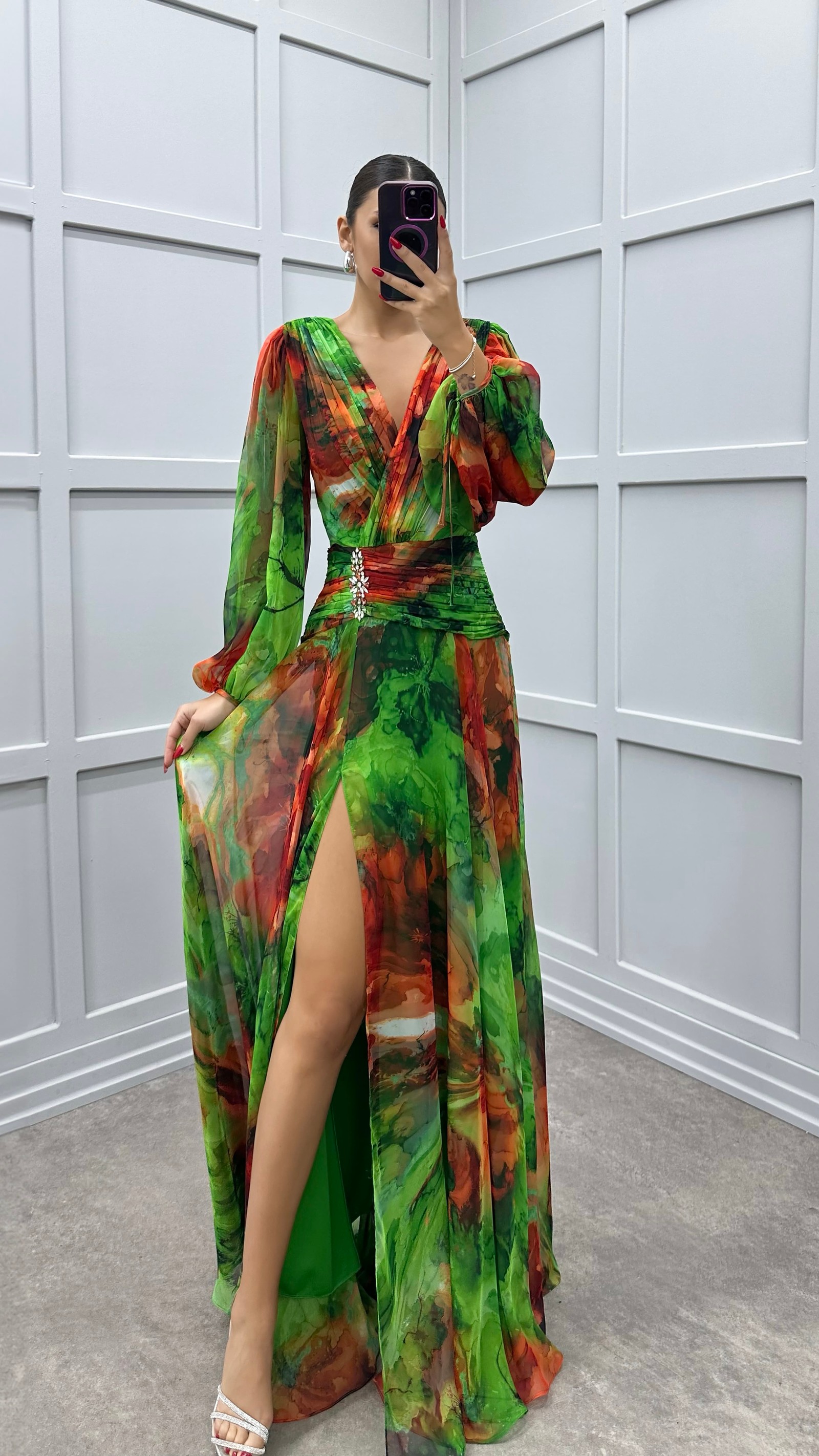 ORANGE BALLOON SLEEVE WAIST DETAIL PATTERNED CHIFFON DRESS