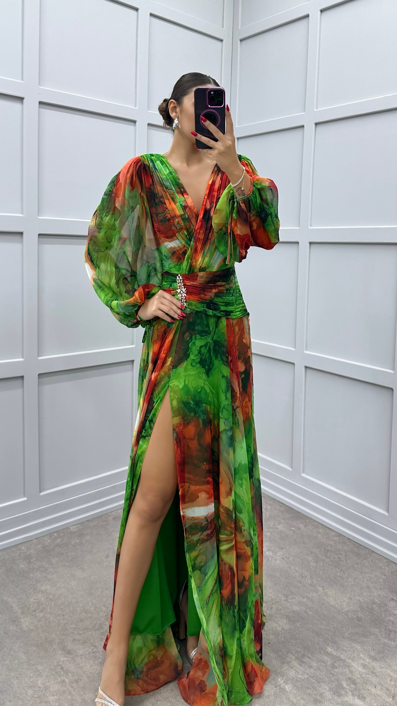 ORANGE BALLOON SLEEVE WAIST DETAIL PATTERNED CHIFFON DRESS