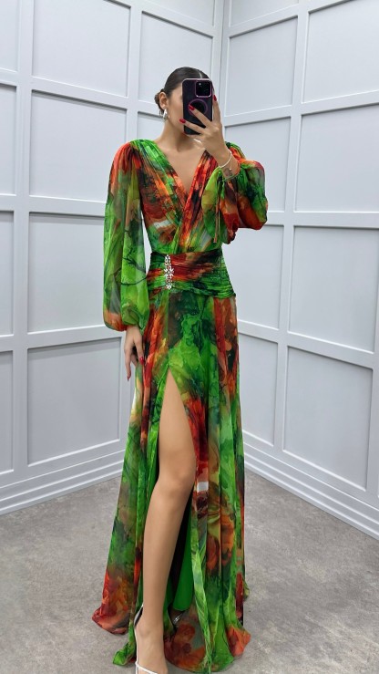 ORANGE BALLOON SLEEVE WAIST DETAIL PATTERNED CHIFFON DRESS