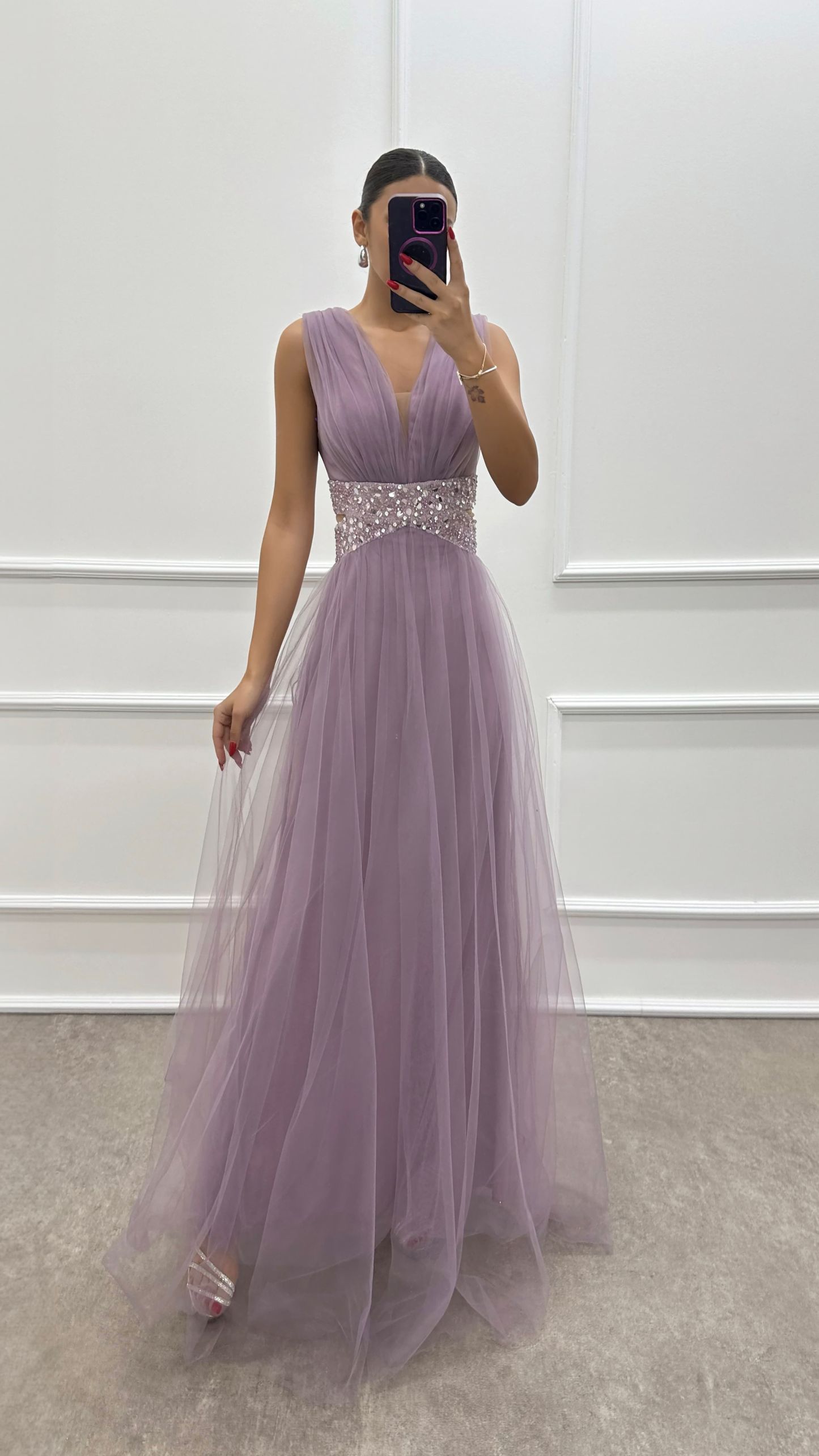 Lilac Transparent Embroidery Detail Tulle Dress