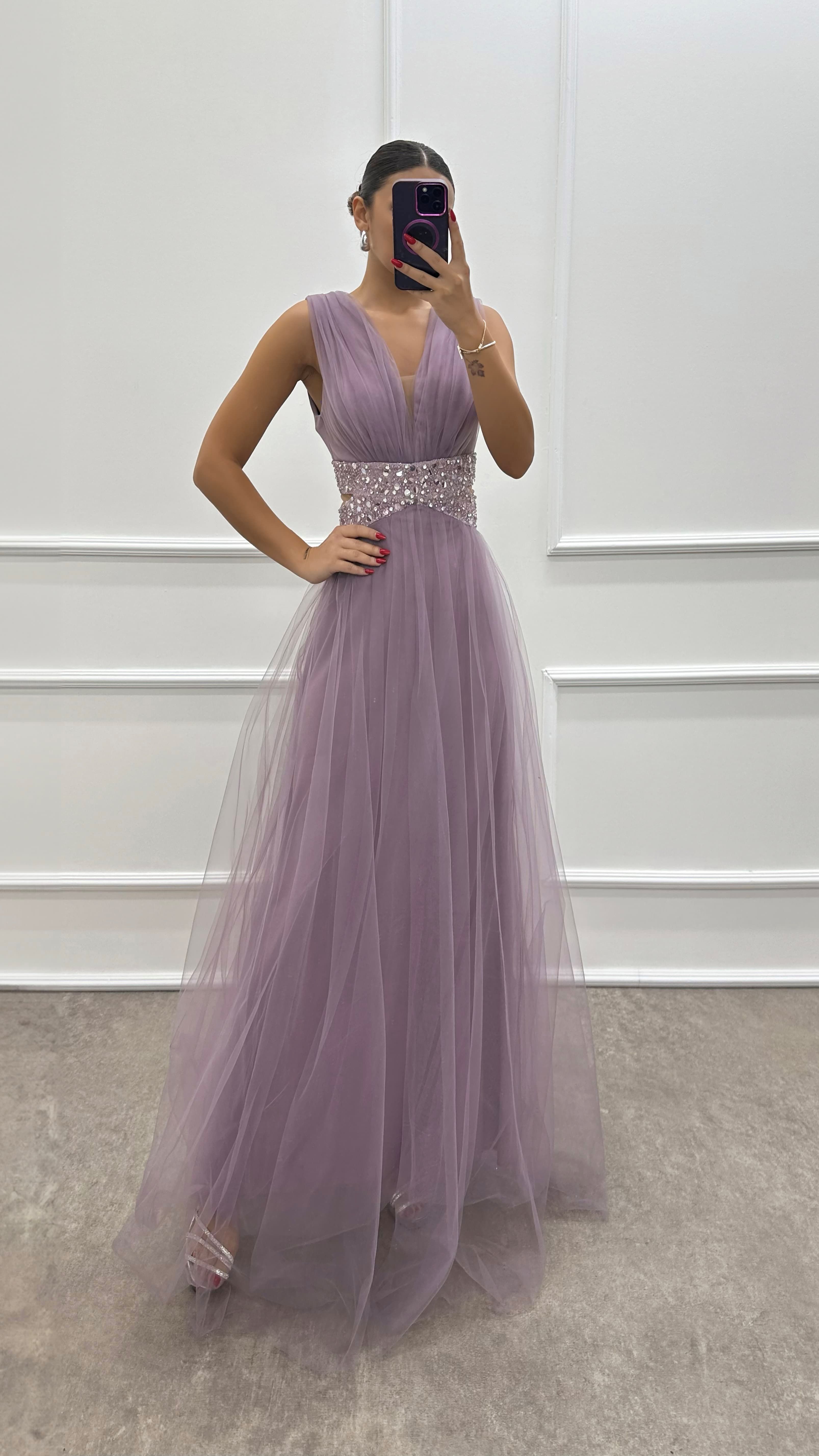 Lilac Transparent Embroidery Detail Tulle Dress