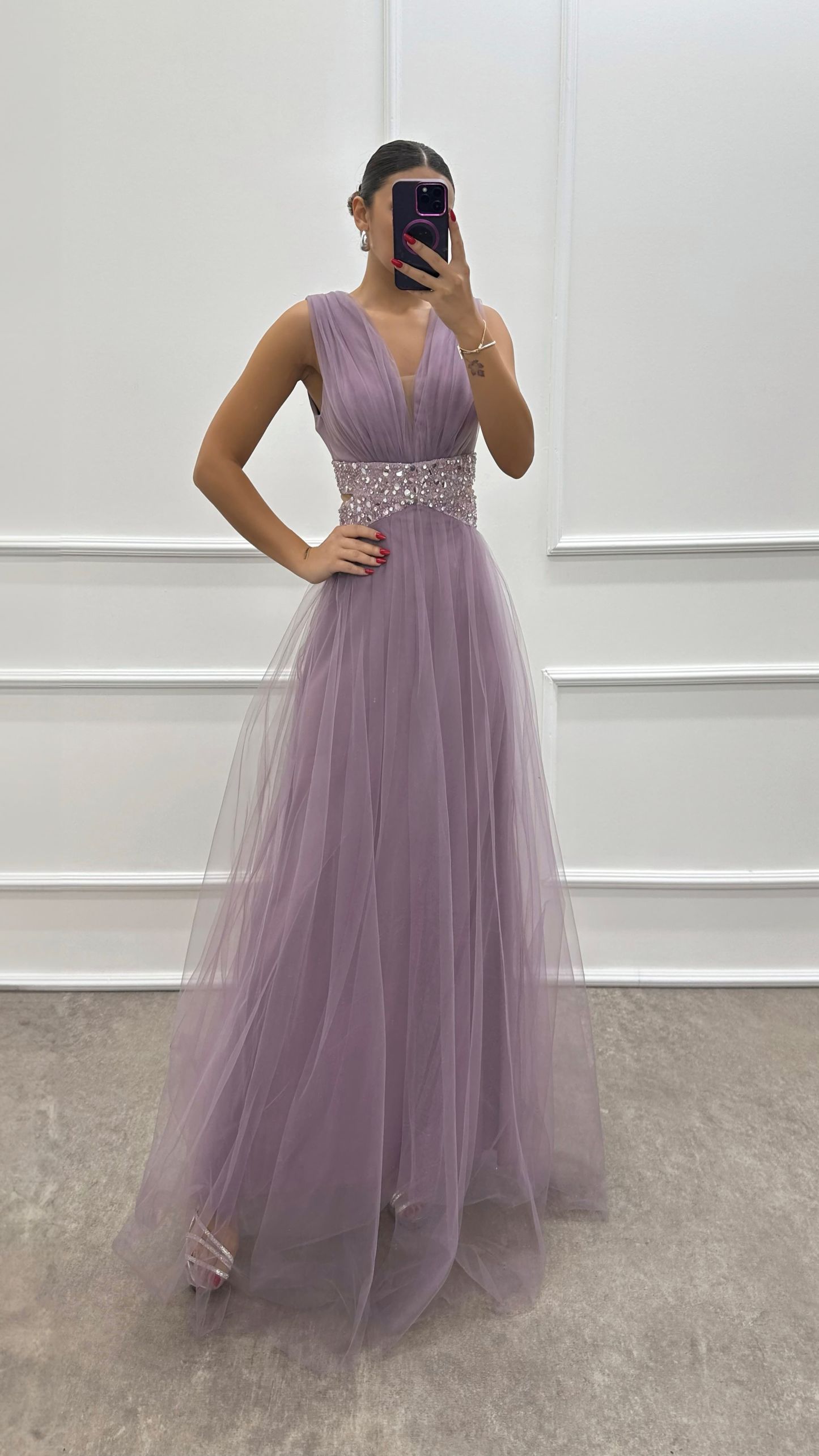 Lilac Transparent Embroidery Detail Tulle Dress