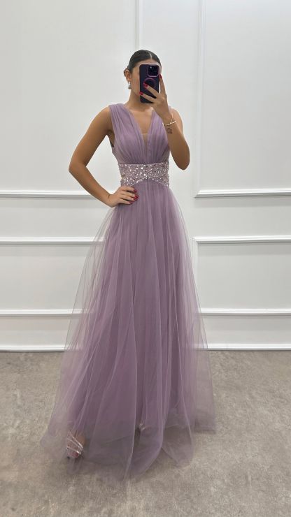 Lilac Transparent Embroidery Detail Tulle Dress