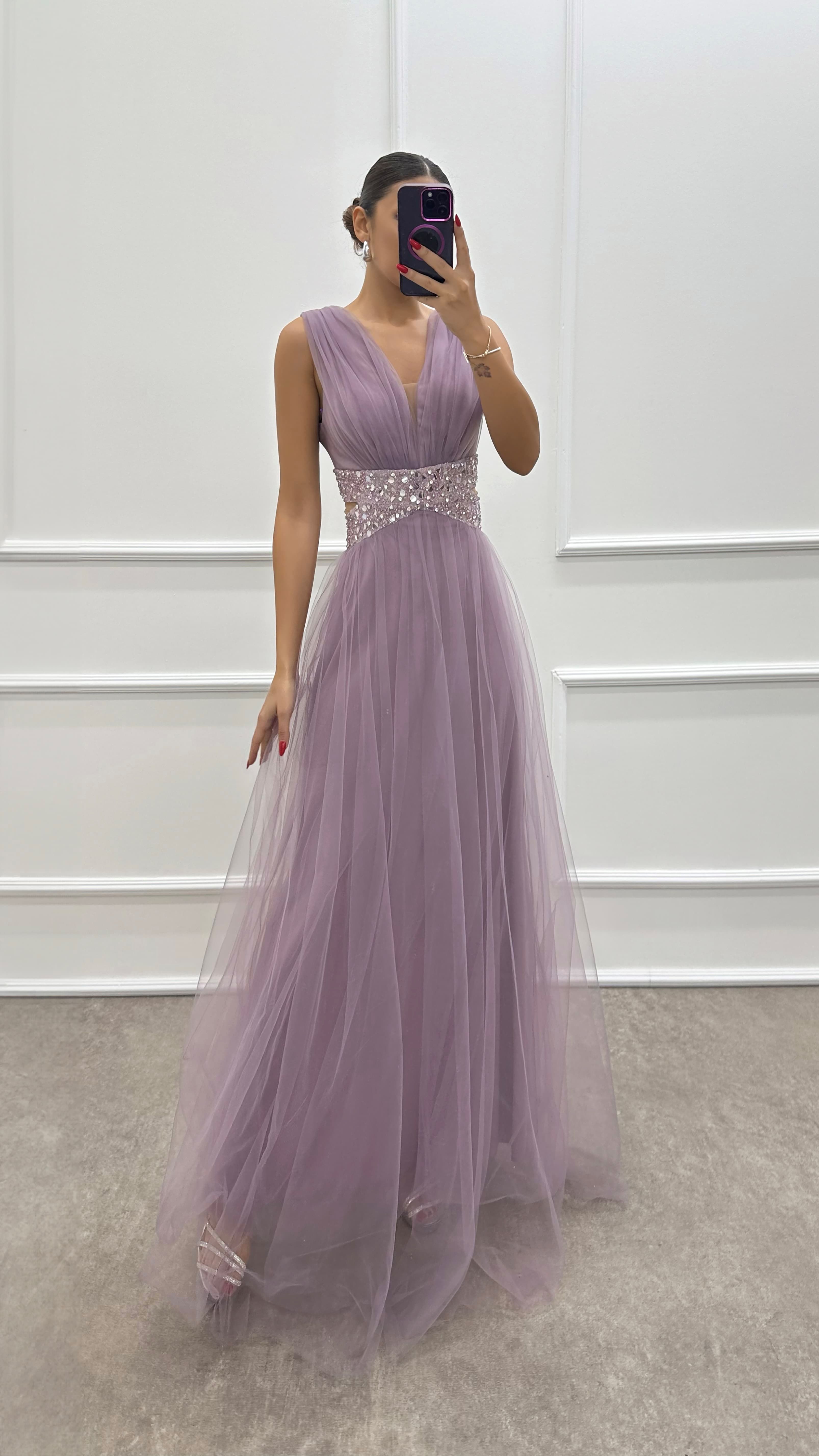 Lilac Transparent Embroidery Detail Tulle Dress