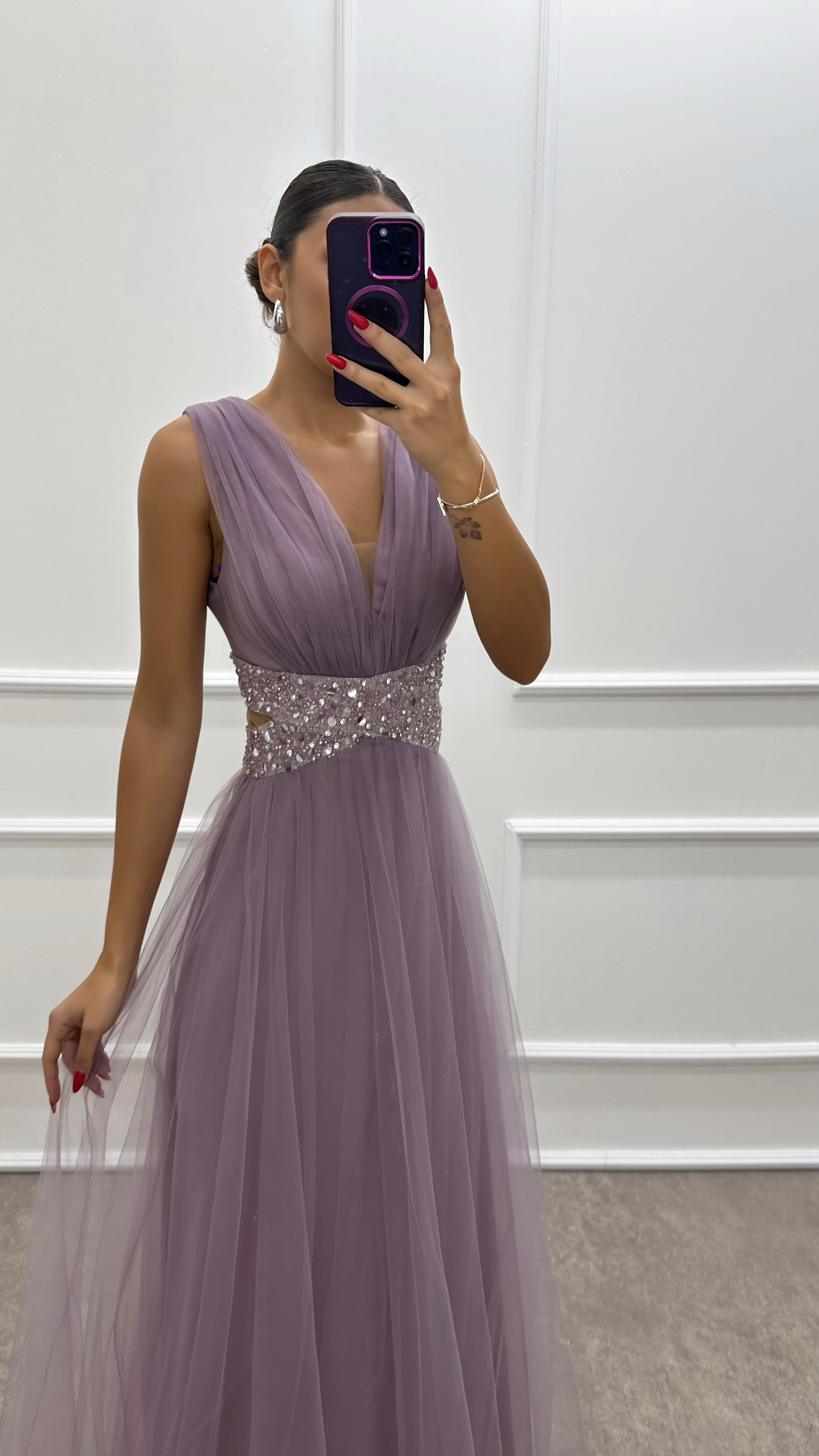 Lilac Transparent Embroidery Detail Tulle Dress