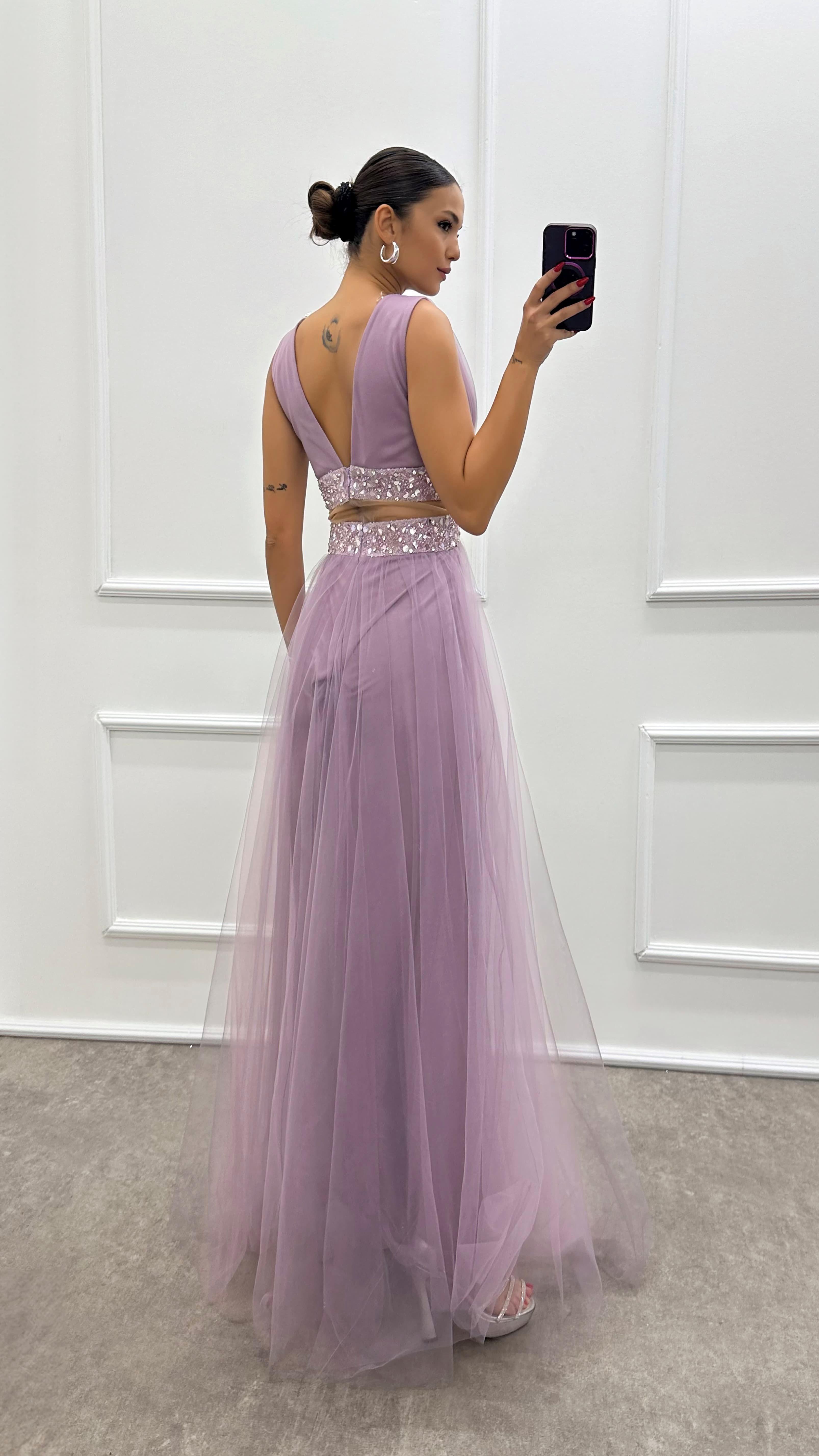 Lilac Transparent Embroidery Detail Tulle Dress