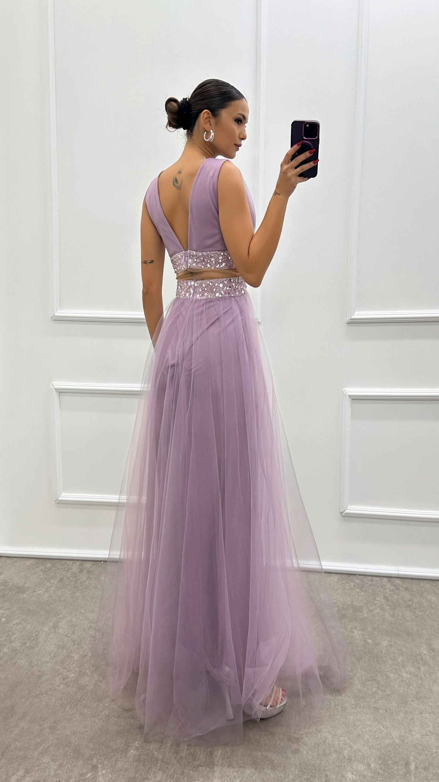 Lilac Transparent Embroidery Detail Tulle Dress