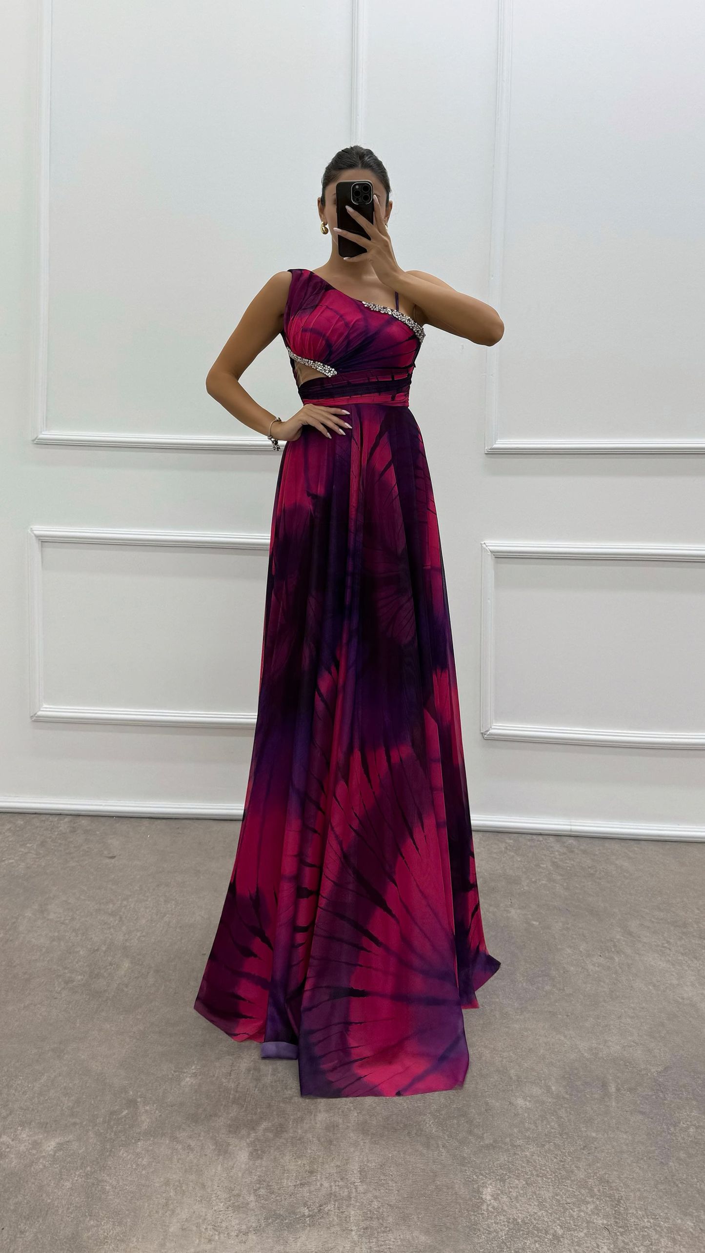 One Shoulder Waist Transparent Embroidery Detail Evening Dress