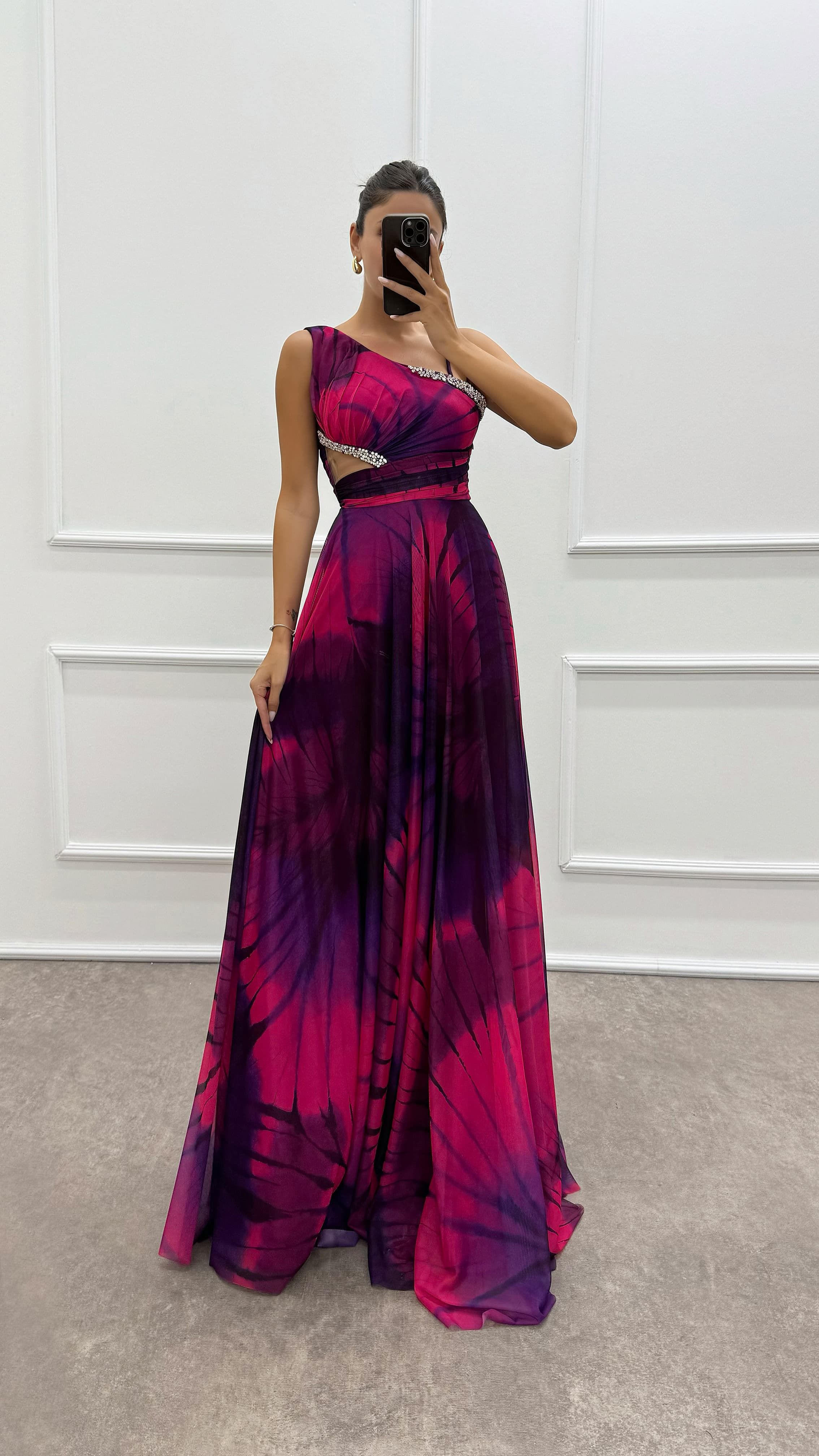 One Shoulder Waist Transparent Embroidery Detail Evening Dress