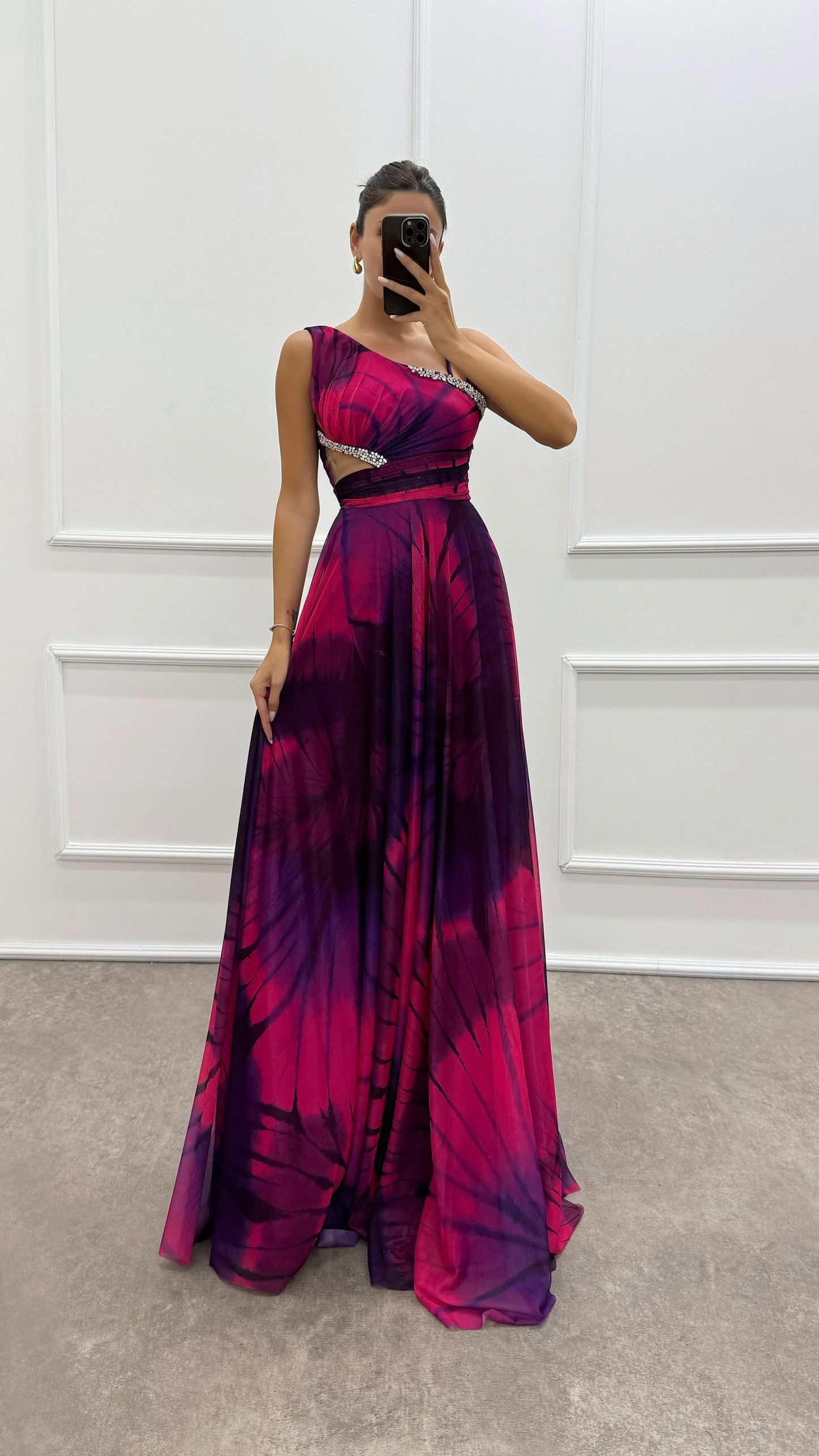One Shoulder Waist Transparent Embroidery Detail Evening Dress