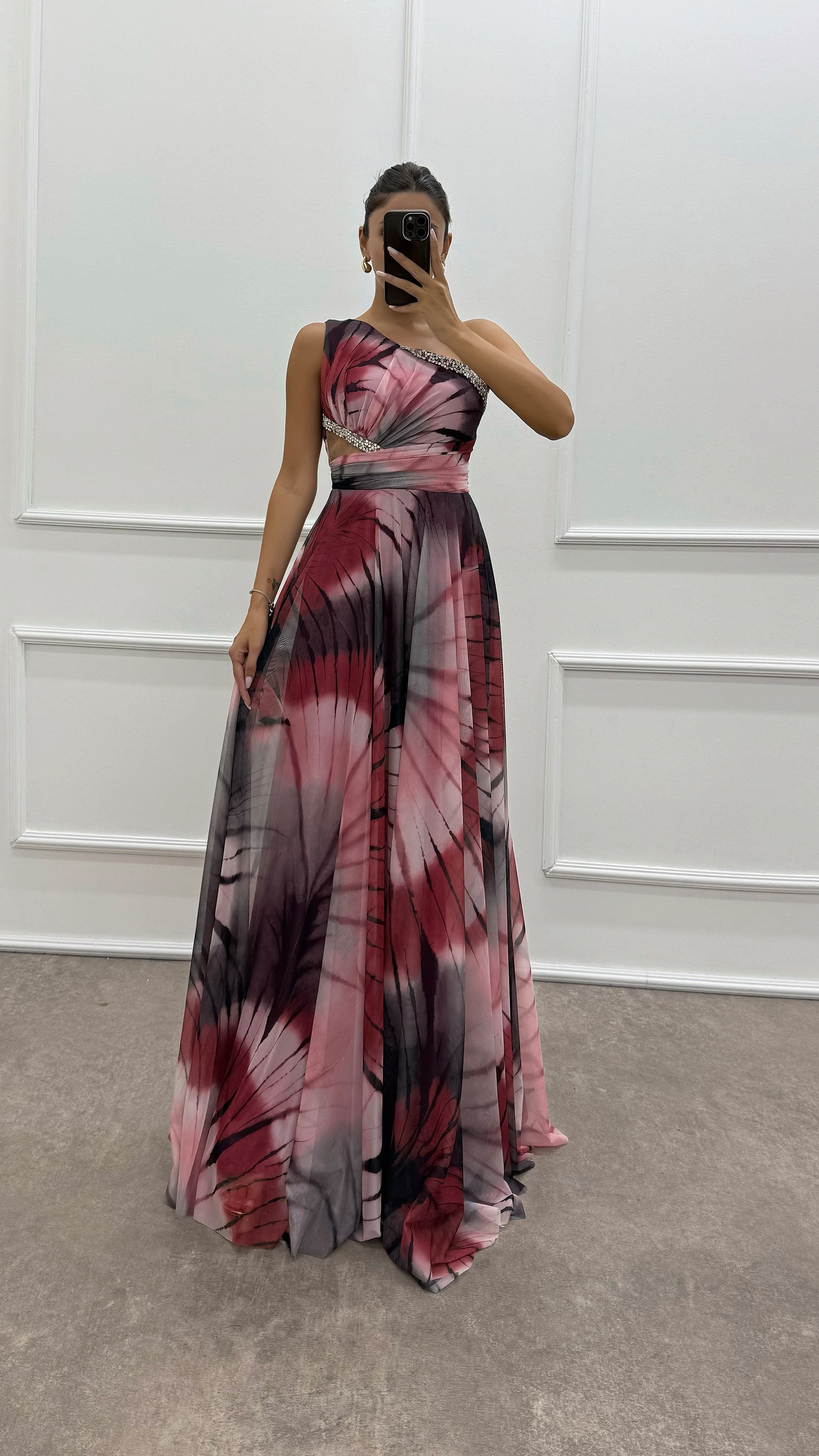 One Shoulder Waist Transparent Embroidery Detail Evening Dress