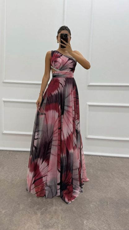 One Shoulder Waist Transparent Embroidery Detail Evening Dress