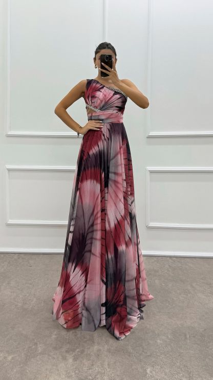 One Shoulder Waist Transparent Embroidery Detail Evening Dress