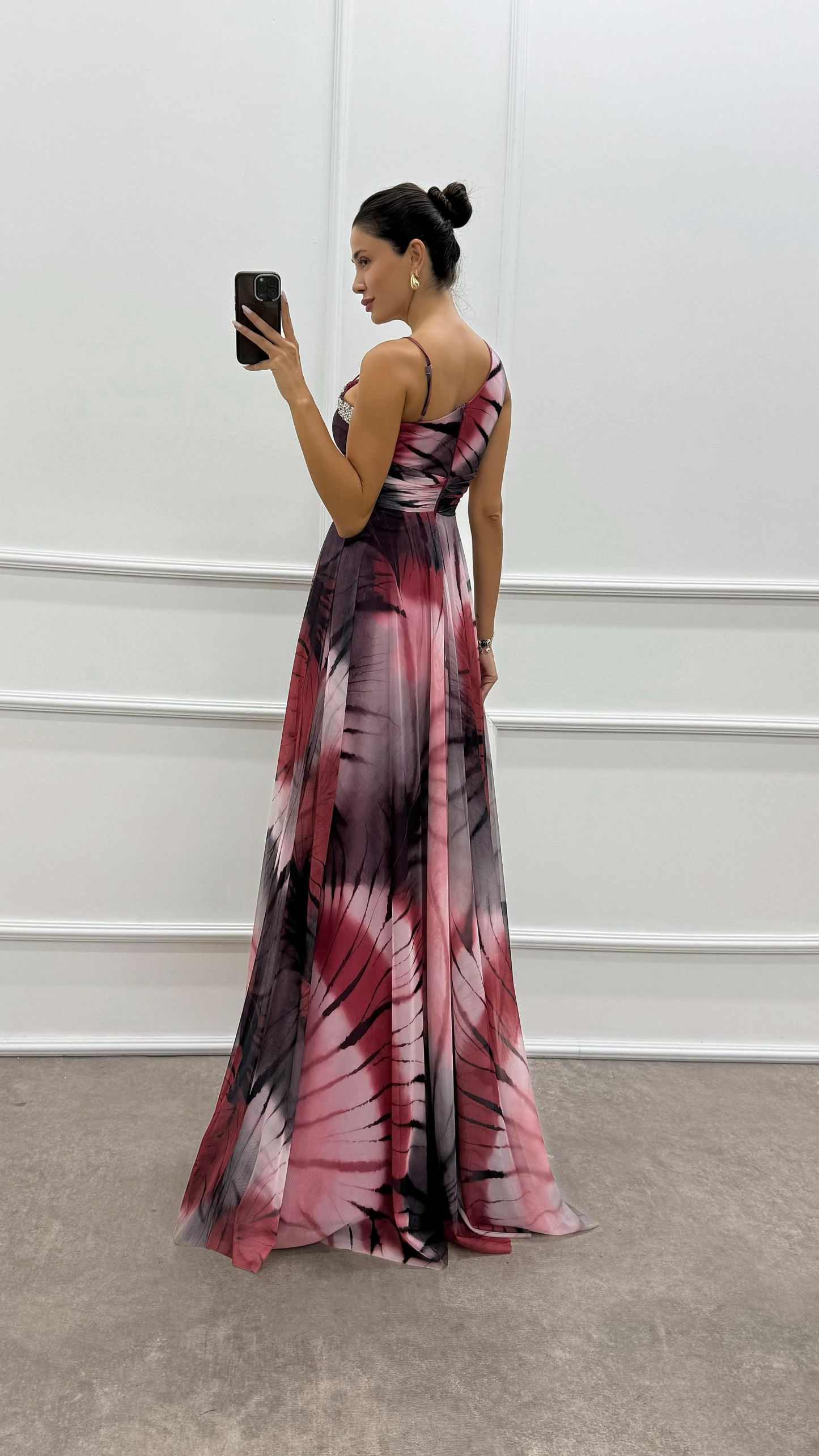 One Shoulder Waist Transparent Embroidery Detail Evening Dress
